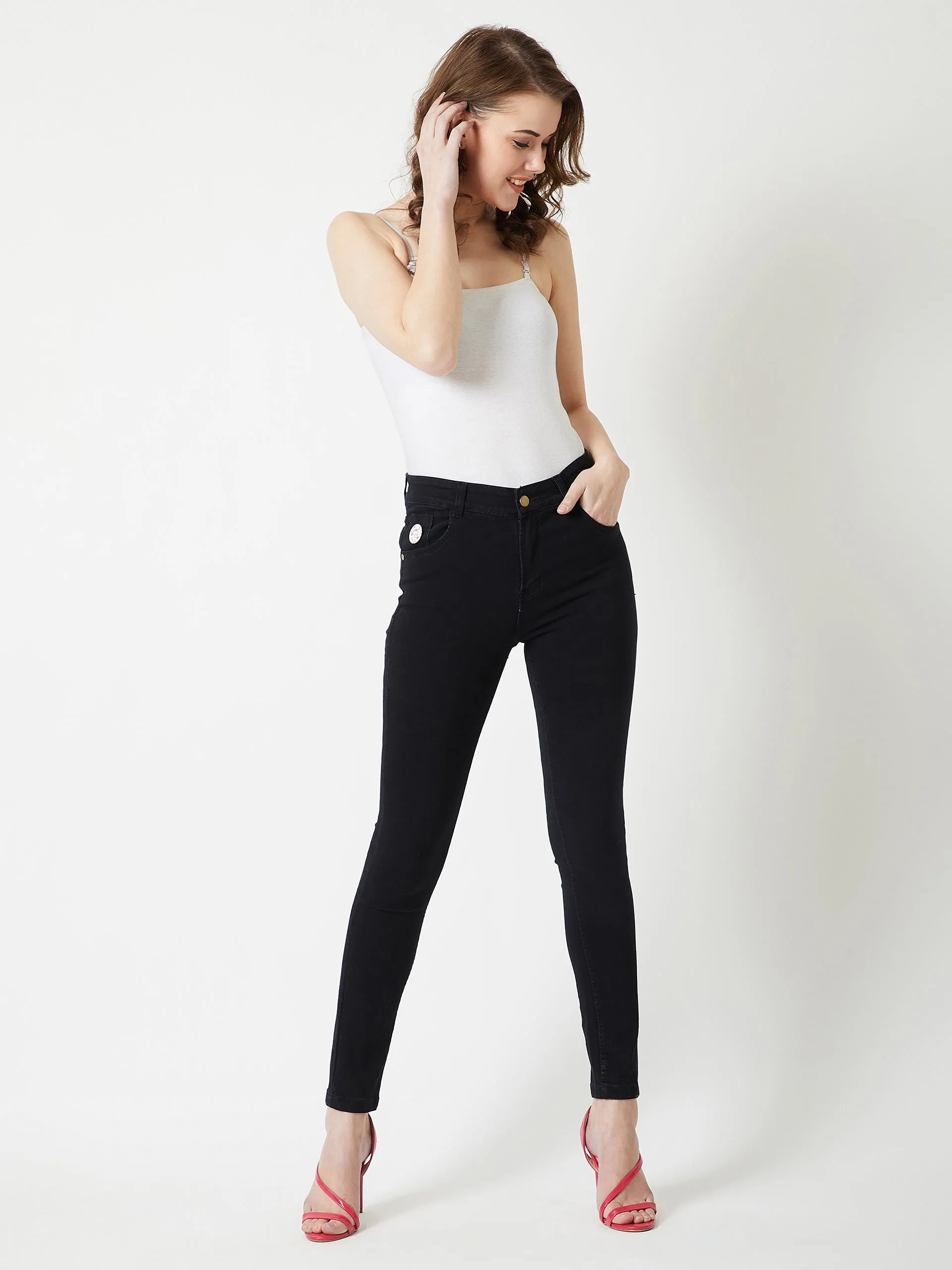 24/7 Comfort Black Slim-Fit Embellished High-Rise Stretchable Denim Jeans