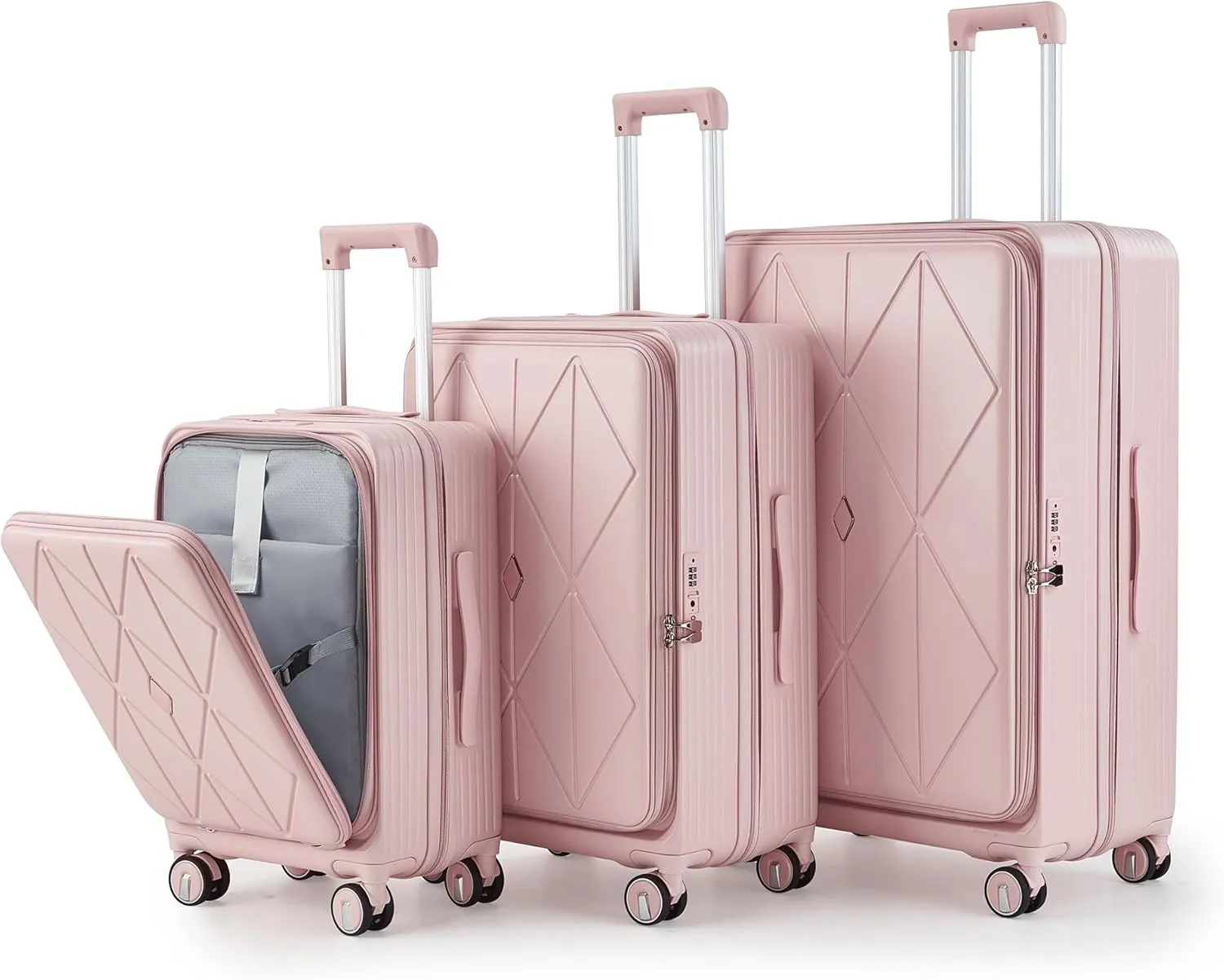 3 Piece Expandable Carry-On Luggage Set with Laptop Pocket, Lightweight Polycarbonate Hard Shell, Spinner Wheels, Pink