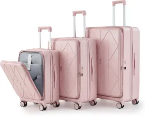 3 Piece Expandable Carry-On Luggage Set with Laptop Pocket, Lightweight Polycarbonate Hard Shell, Spinner Wheels, Pink
