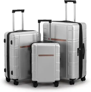 3-Piece Luggage Set Expandable with TSA Lock, PC ABS Hard Shell Spinner Suitcase, Silent Wheels, Wet/Dry Separation Compartments - 20in, 24in, 28in Travel Luggage (Silver)