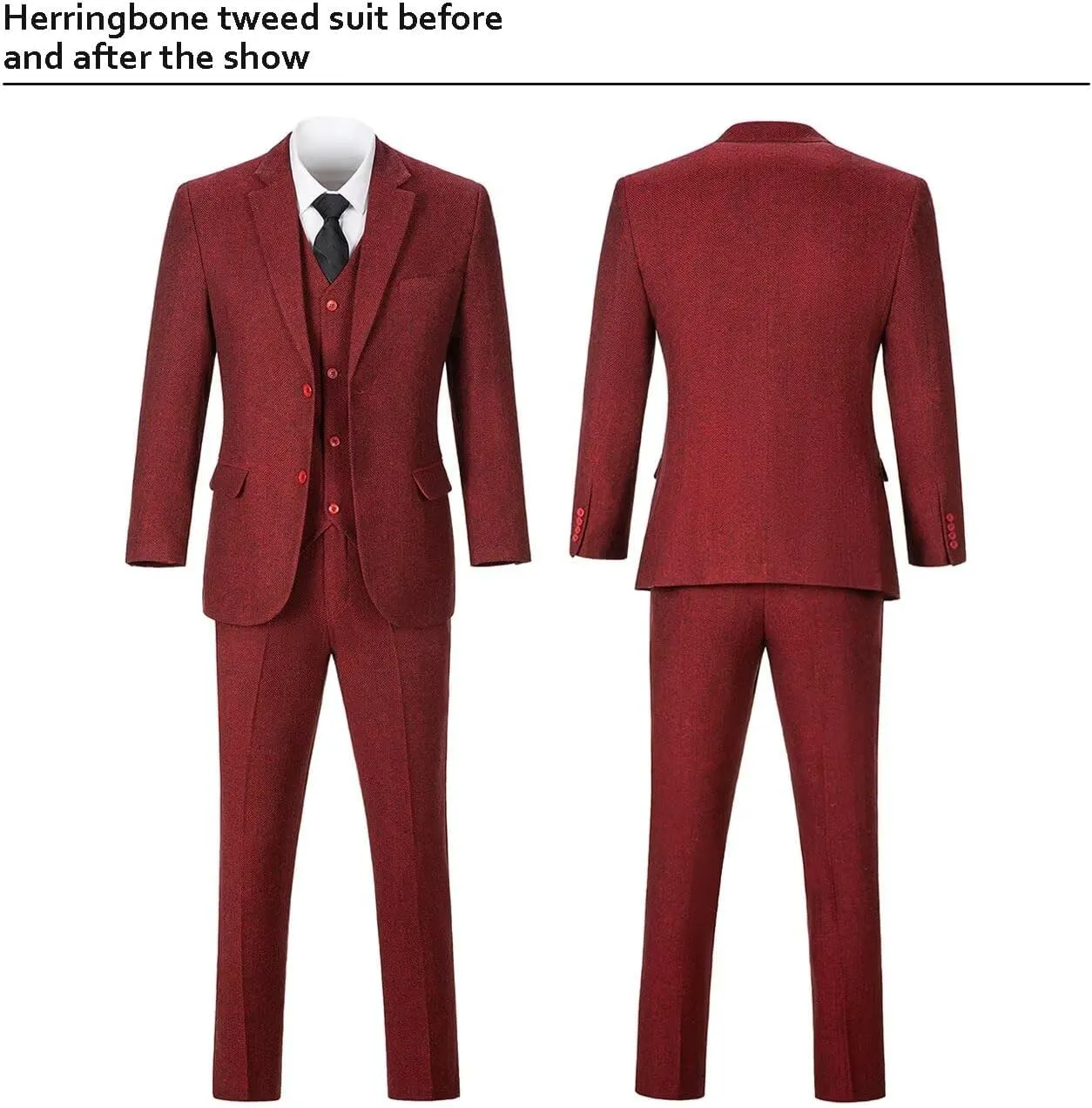 3 Pieces Retro Brown Mens Tweed Suit Slim Fit Wedding Suit Grooms Tuxedos Prom Wool Suits Jacket Vest Pants Set