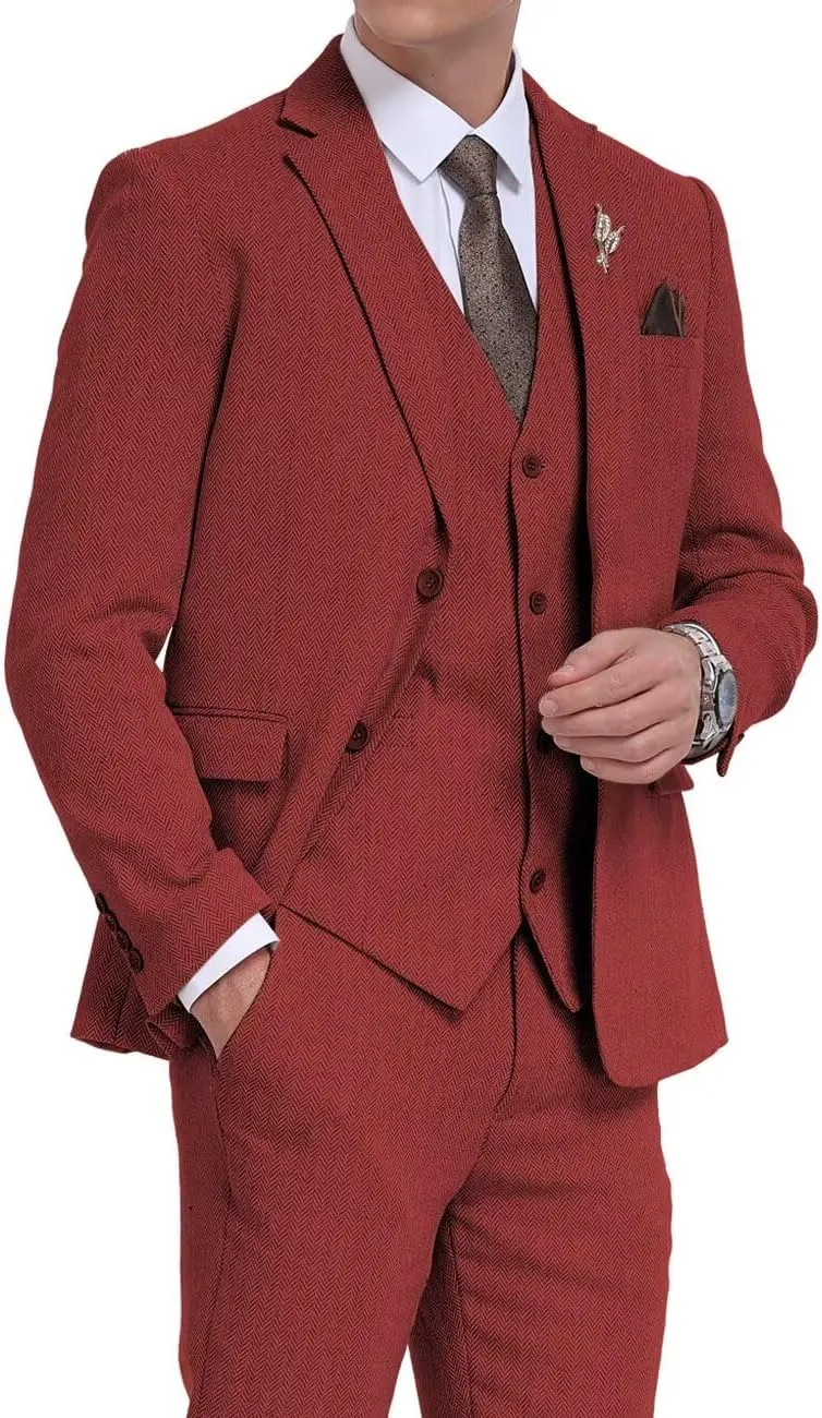 3 Pieces Retro Brown Mens Tweed Suit Slim Fit Wedding Suit Grooms Tuxedos Prom Wool Suits Jacket Vest Pants Set
