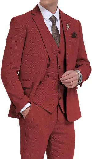 3 Pieces Retro Brown Mens Tweed Suit Slim Fit Wedding Suit Grooms Tuxedos Prom Wool Suits Jacket Vest Pants Set