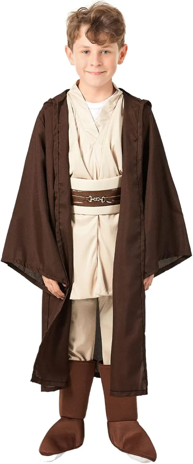 5Pcs Knight Costume Kids Knight Lightsaber Master Cloak Tunic Outfit Hooded Robe Pants Belt Halloween Costume Props