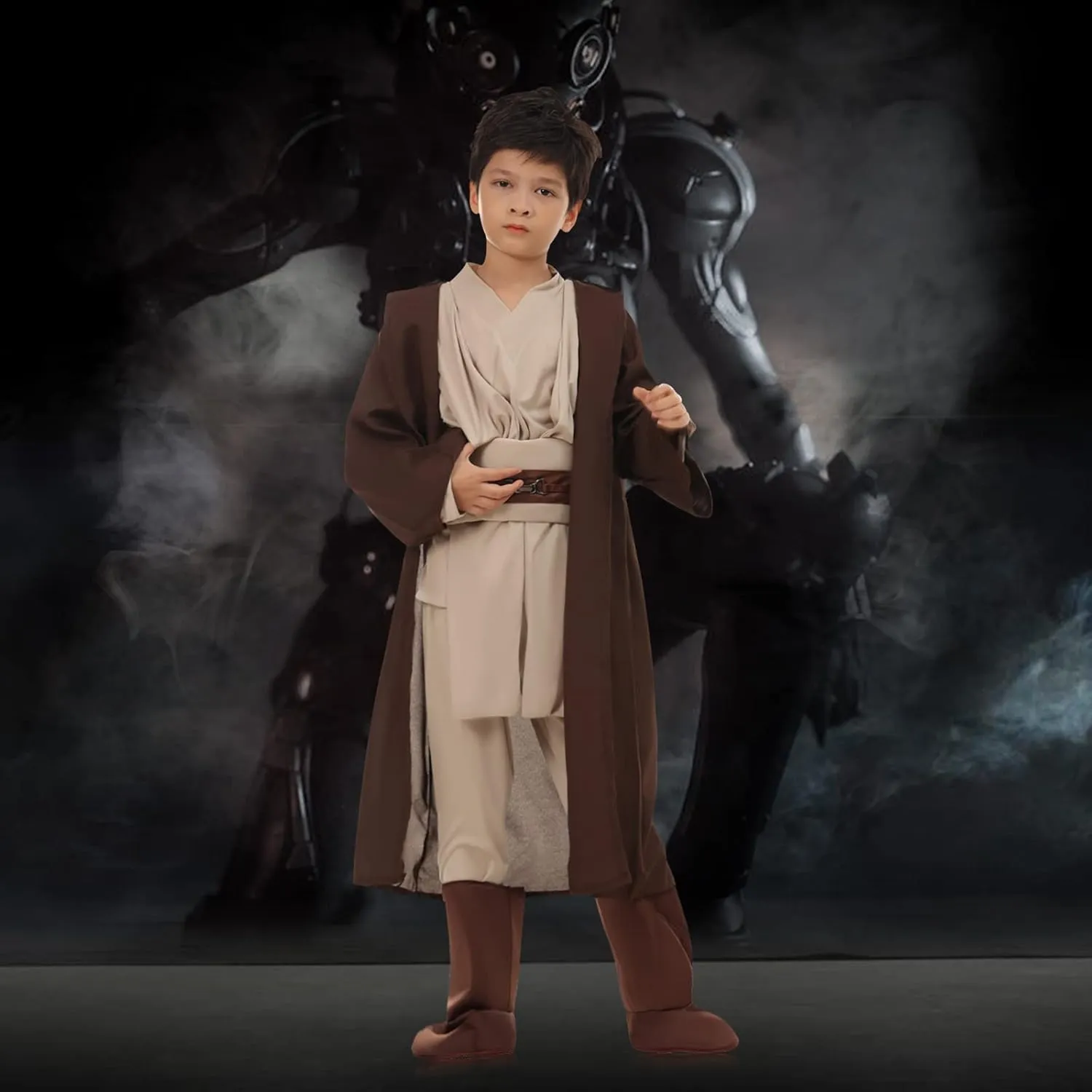 5Pcs Knight Costume Kids Knight Lightsaber Master Cloak Tunic Outfit Hooded Robe Pants Belt Halloween Costume Props