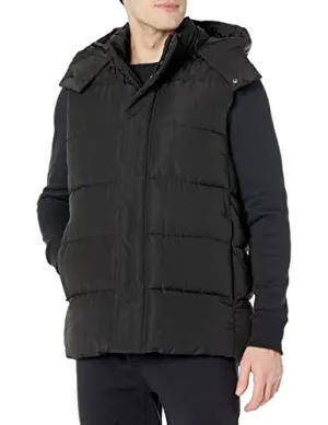 Amazon Essentials Men's Relaxed-Fit Water Repellent Recycled Polyester Hooded Puffer Vest (Previously Amazon Aware), Washed Black, Small