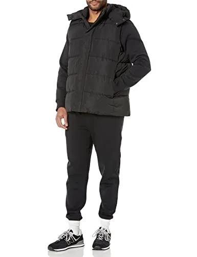 Amazon Essentials Men's Relaxed-Fit Water Repellent Recycled Polyester Hooded Puffer Vest (Previously Amazon Aware), Washed Black, Small