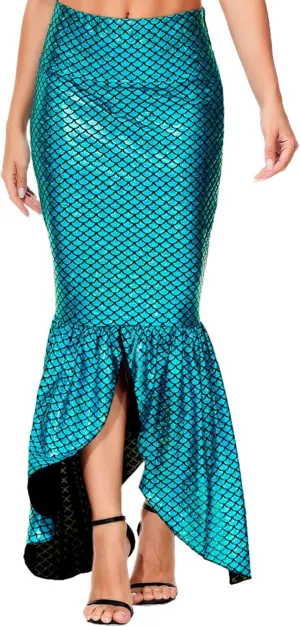 AOBUTE Women Mermaid Costume Skirt Shiny Maxi Fish Skirts Halloween Cosplay Outfits
