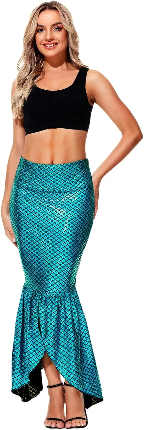 AOBUTE Women Mermaid Costume Skirt Shiny Maxi Fish Skirts Halloween Cosplay Outfits