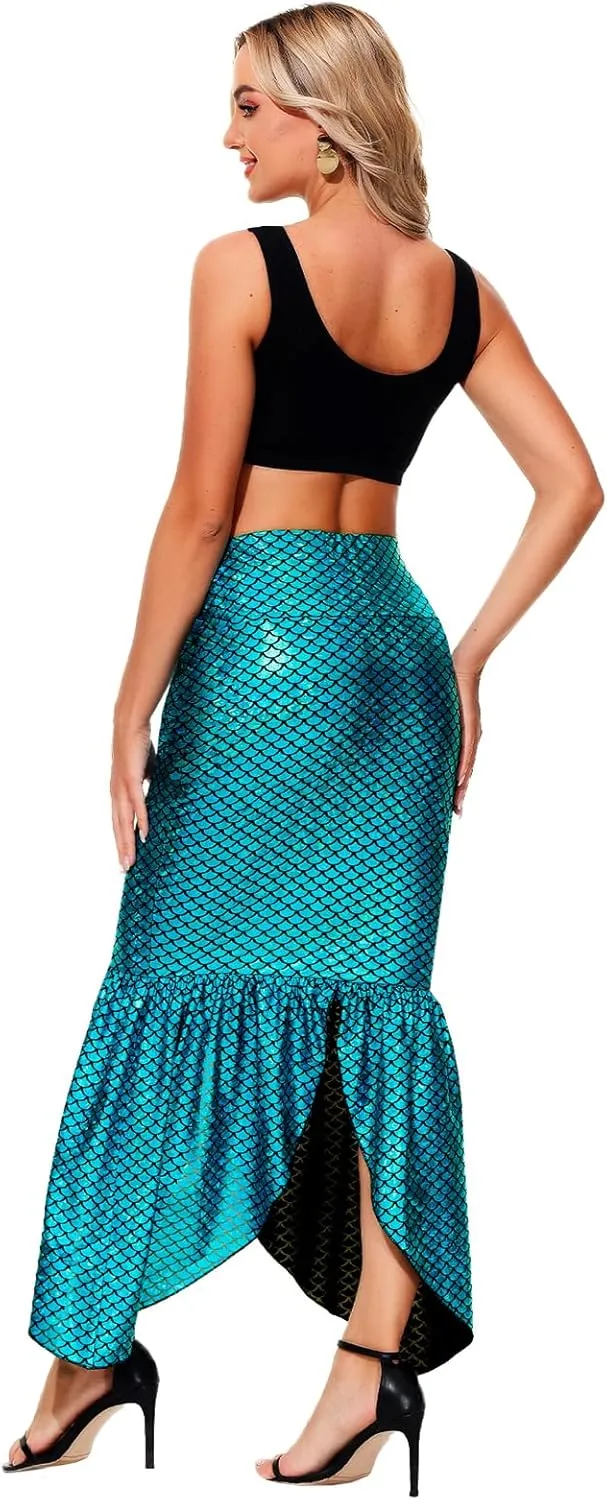 AOBUTE Women Mermaid Costume Skirt Shiny Maxi Fish Skirts Halloween Cosplay Outfits