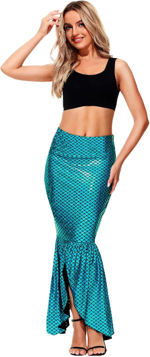 AOBUTE Women Mermaid Costume Skirt Shiny Maxi Fish Skirts Halloween Cosplay Outfits