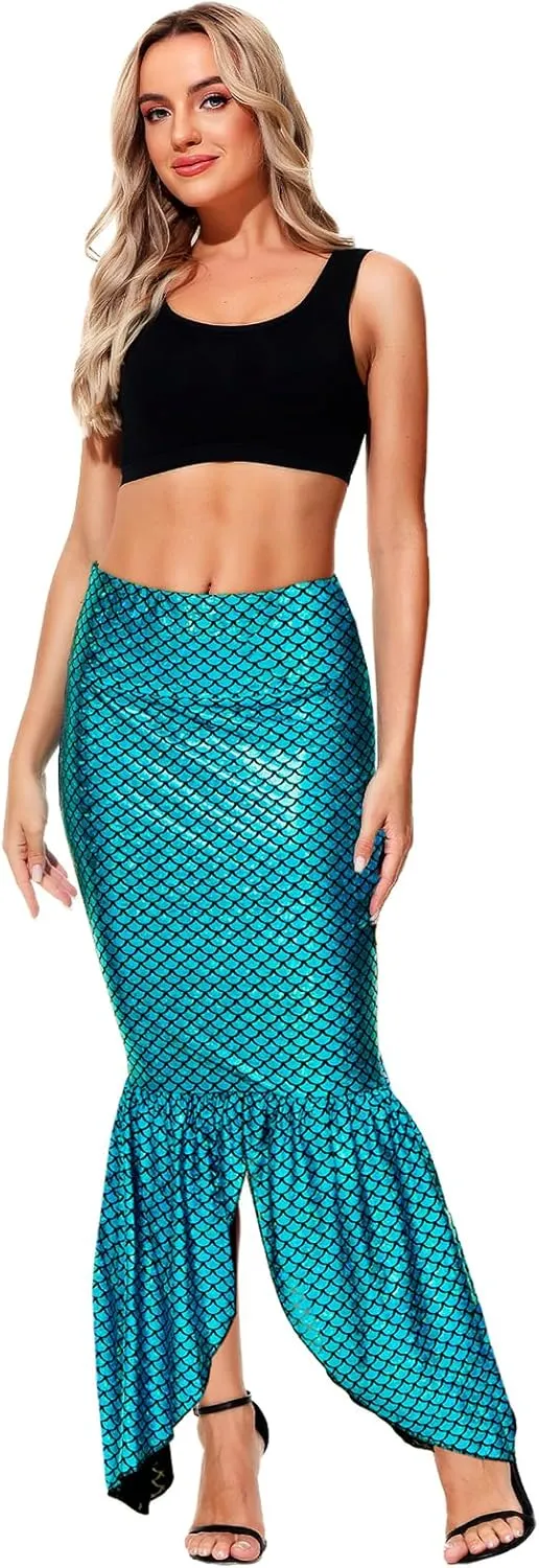 AOBUTE Women Mermaid Costume Skirt Shiny Maxi Fish Skirts Halloween Cosplay Outfits