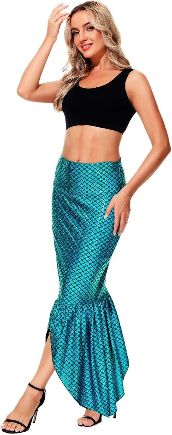 AOBUTE Women Mermaid Costume Skirt Shiny Maxi Fish Skirts Halloween Cosplay Outfits