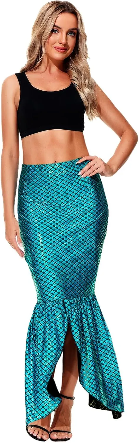 AOBUTE Women Mermaid Costume Skirt Shiny Maxi Fish Skirts Halloween Cosplay Outfits