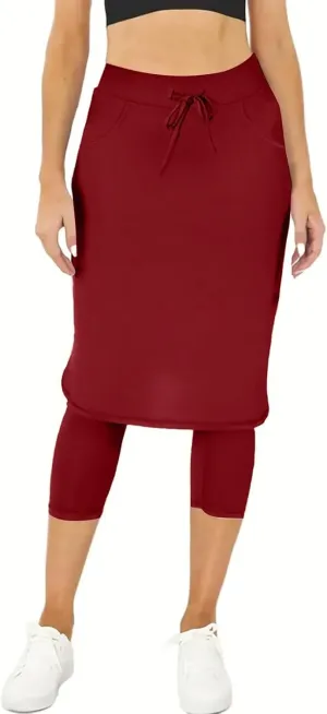 Athletic Skirt with Leggings Tennis Knee Length Yoga High Waisted Drawstring Long Golf Skirted