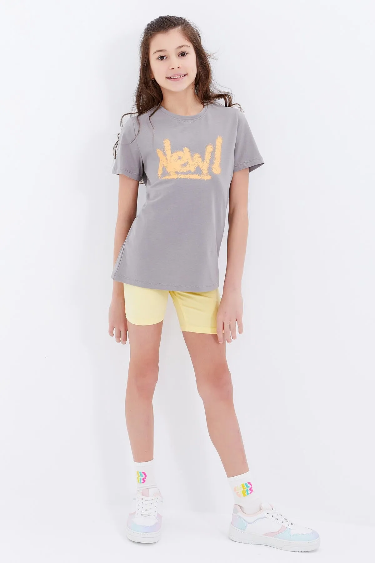 basic yazi baskili o yaka rahat form kiz çocuk t-shirt - 75041