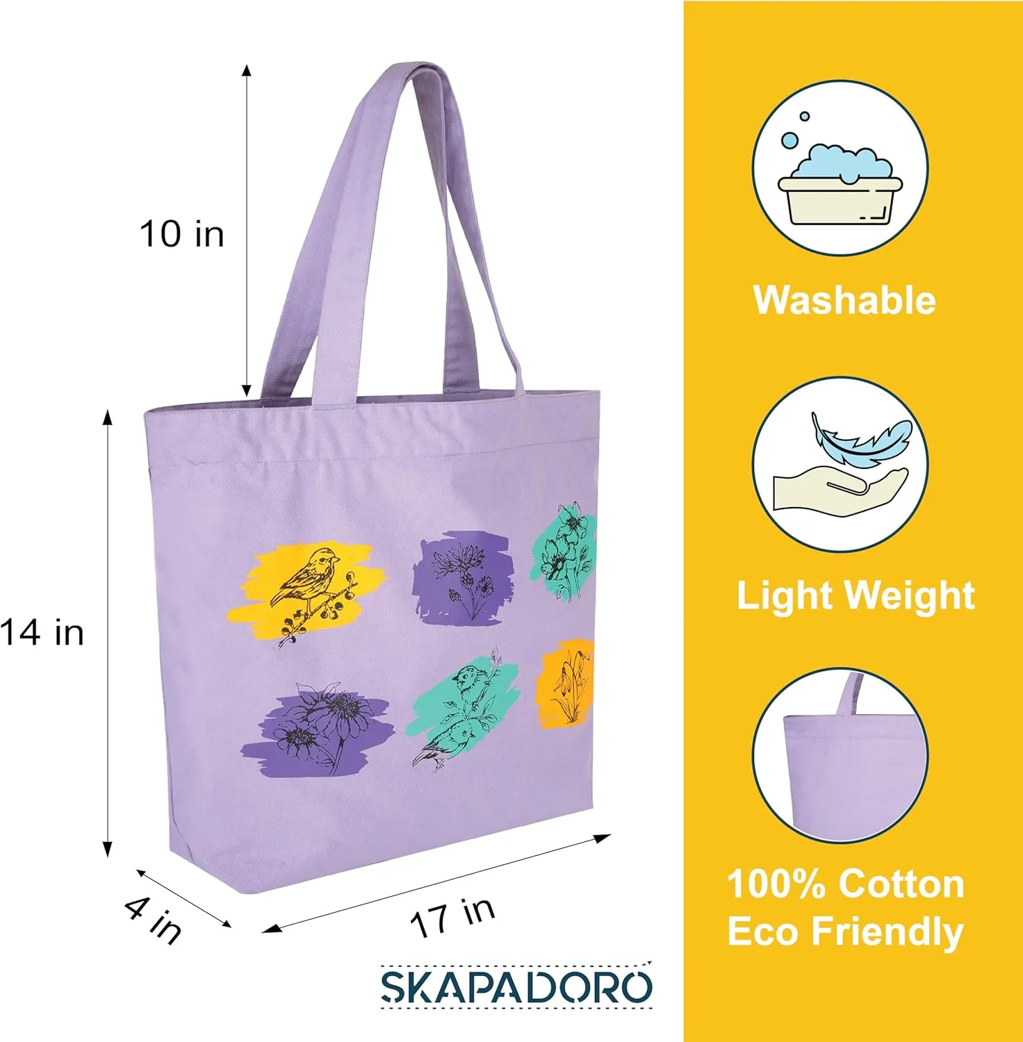 Canvas Big Zip Printed Handbag Tote, Cotton, Inner Pocket, Ecofriendly Bags for Women, Shopping Bag, Easy to Wash