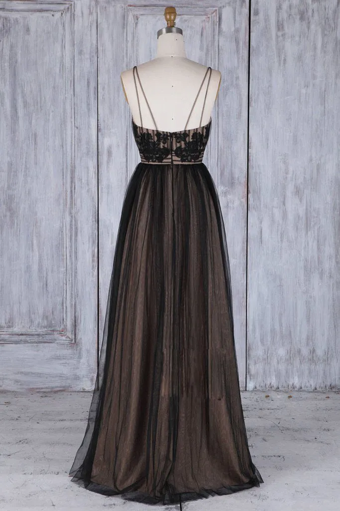 Chic Black Long Straps Tulle A Line Prom Dresses,Evening Dresses OK879