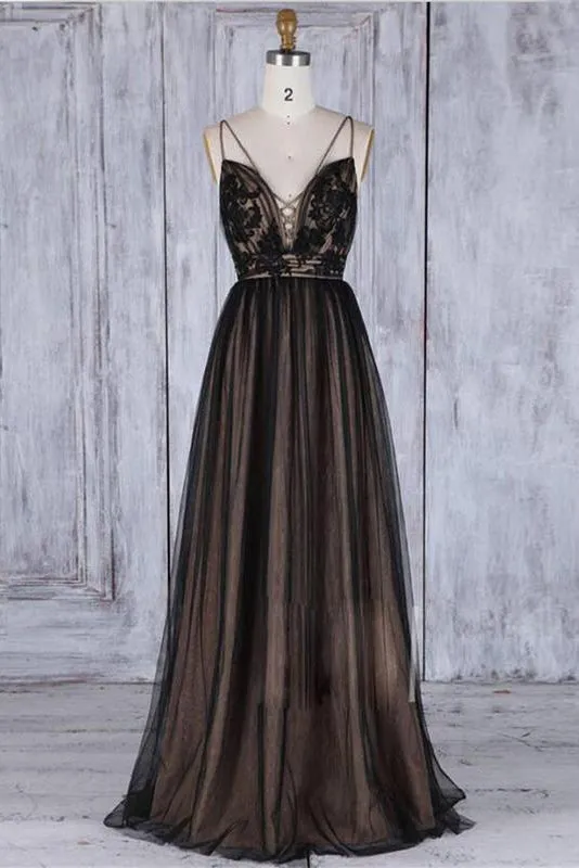 Chic Black Long Straps Tulle A Line Prom Dresses,Evening Dresses OK879
