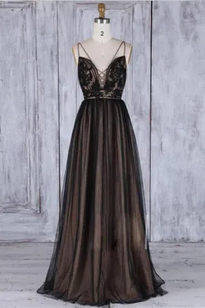Chic Black Long Straps Tulle A Line Prom Dresses,Evening Dresses OK879