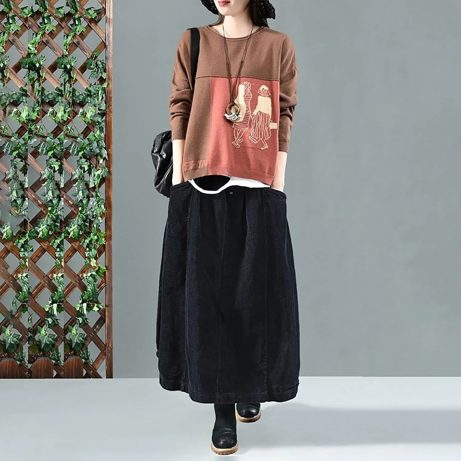Corduroy Skirts for Women High Waisted A-Line Midi Length Casual Skirt with Elastic Waist and Retro Plaid Design