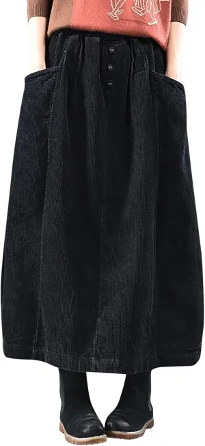 Corduroy Skirts for Women High Waisted A-Line Midi Length Casual Skirt with Elastic Waist and Retro Plaid Design