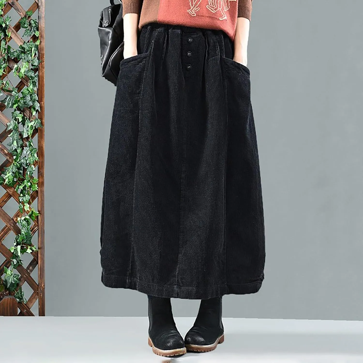 Corduroy Skirts for Women High Waisted A-Line Midi Length Casual Skirt with Elastic Waist and Retro Plaid Design