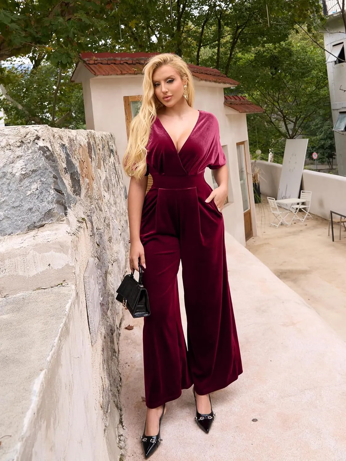 DAAWENXI Women's Casual Velvet V Neck Short Sleeve Jumpsuits Long Wide Pants One Piece Romper with Pocket