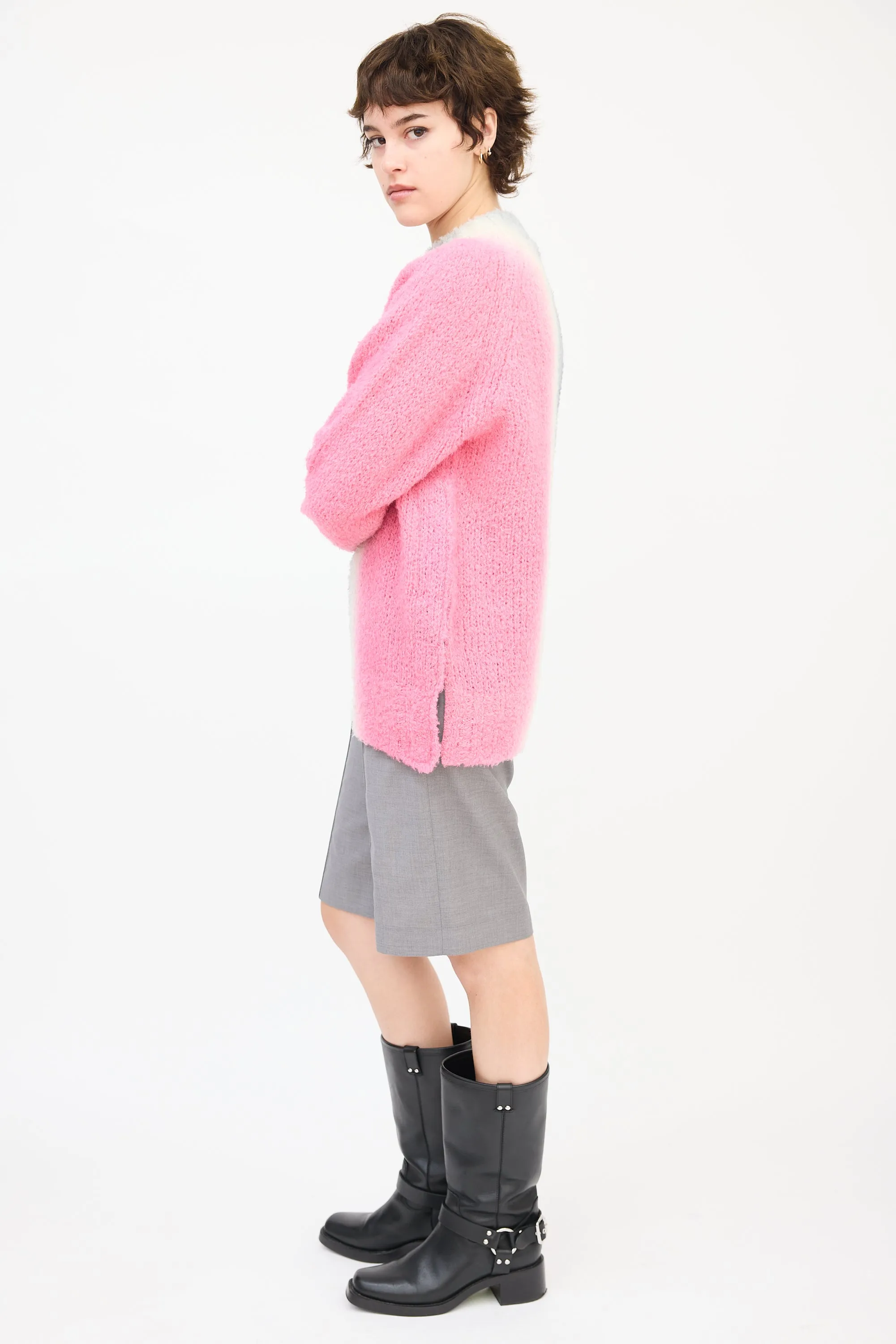 Dark Grey & Pink Wool Ombré Button Up Side Sweater