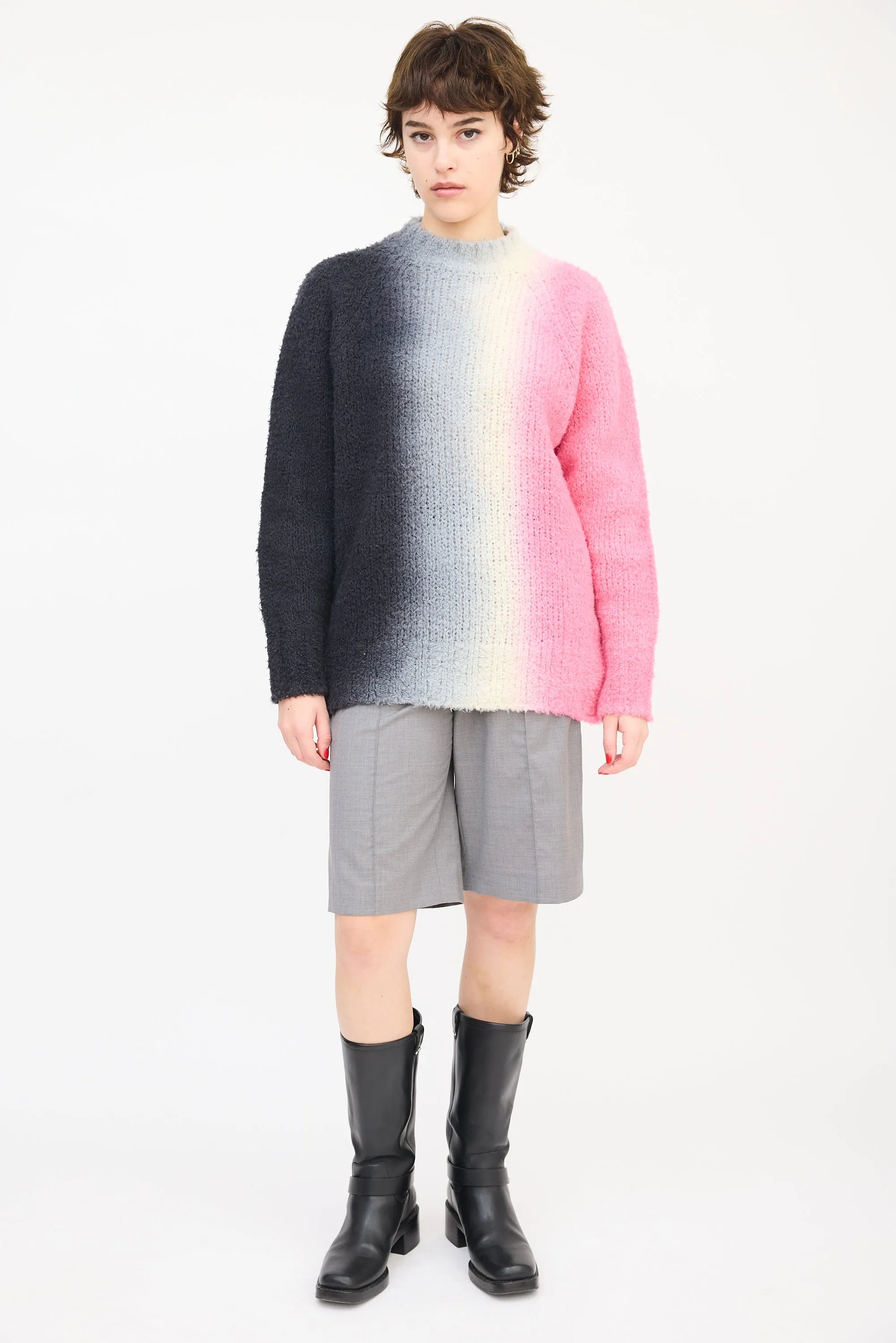 Dark Grey & Pink Wool Ombré Button Up Side Sweater
