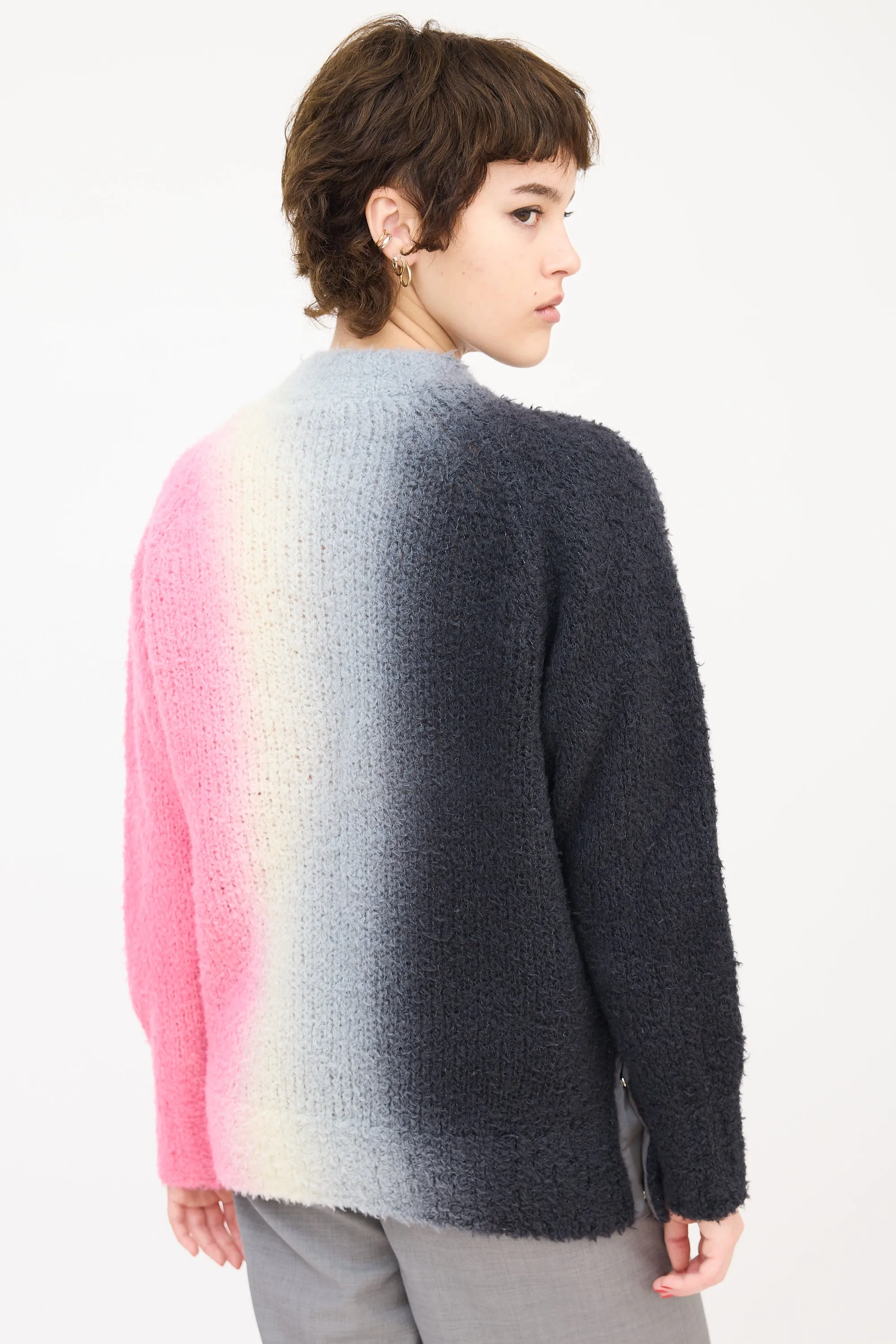Dark Grey & Pink Wool Ombré Button Up Side Sweater