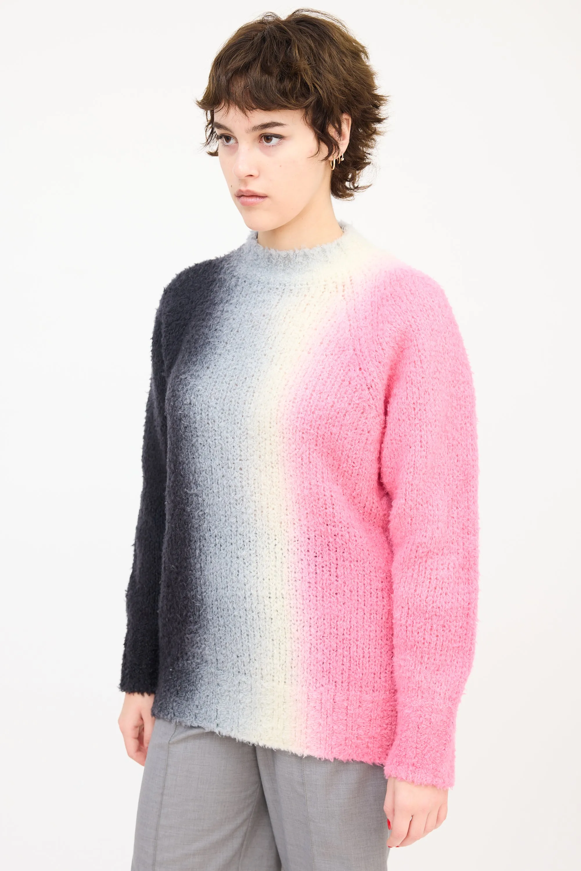 Dark Grey & Pink Wool Ombré Button Up Side Sweater