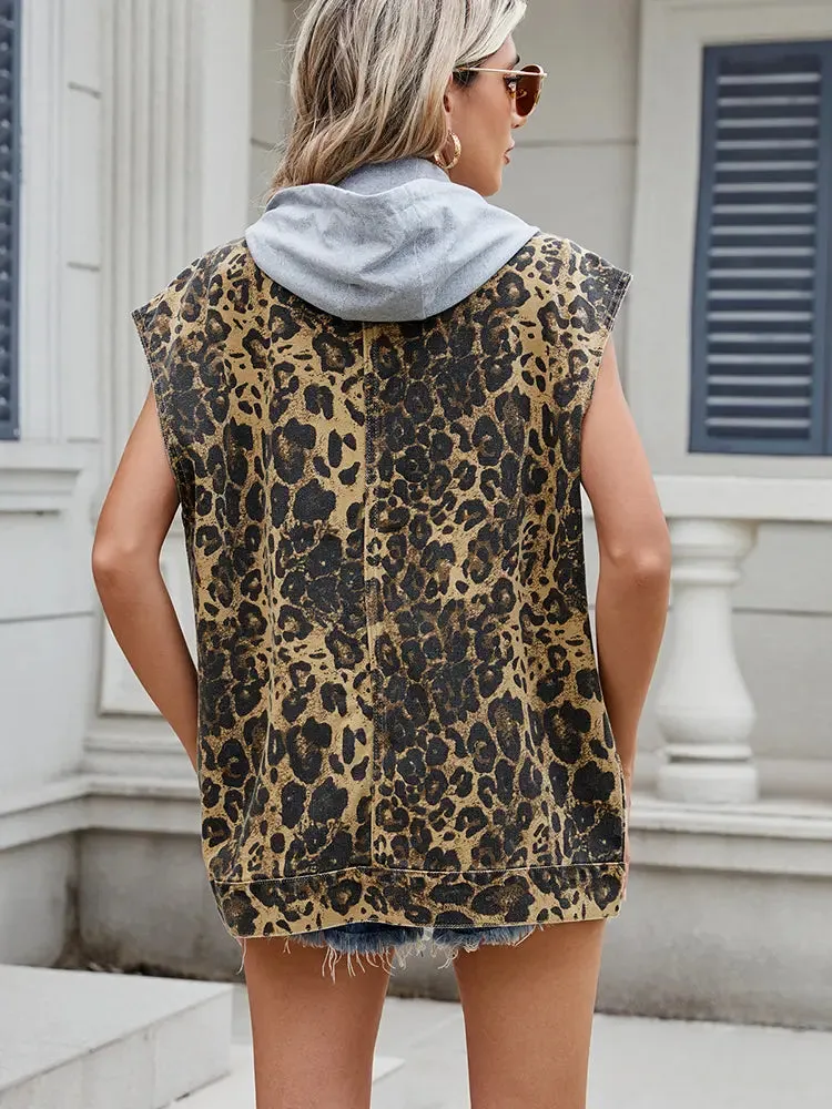 Denim Leopard Print Hooded Vest