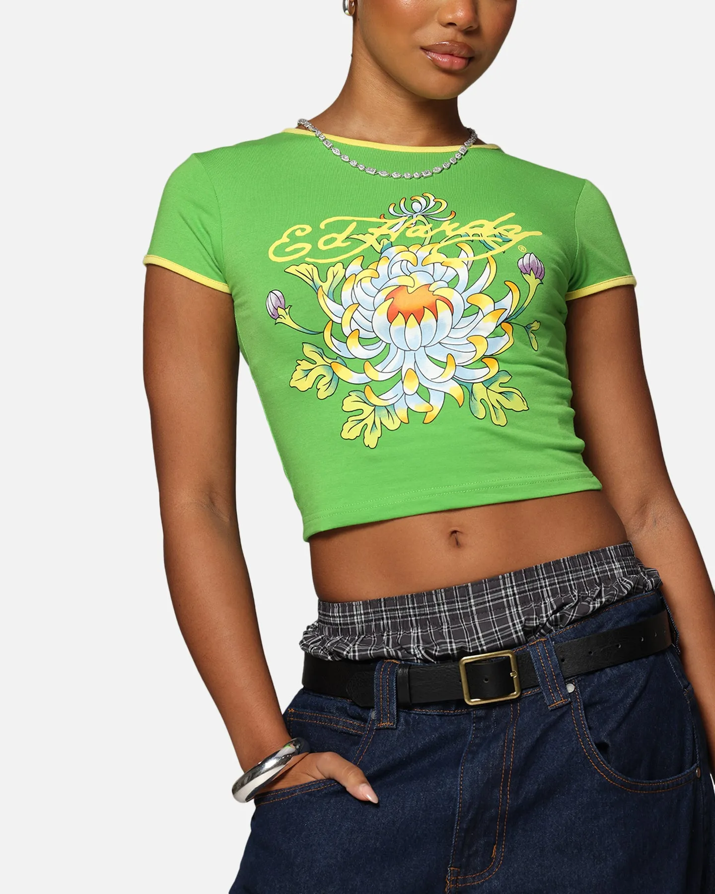 Ed Hardy Women's Blooming Baby Ringer T-Shirt Green/Yellow
