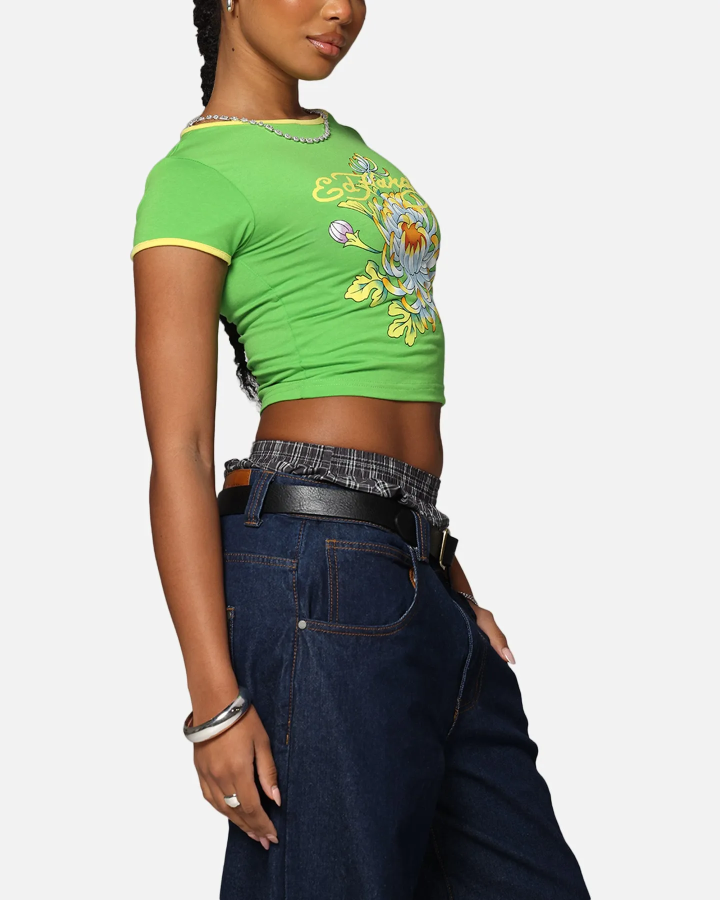 Ed Hardy Women's Blooming Baby Ringer T-Shirt Green/Yellow