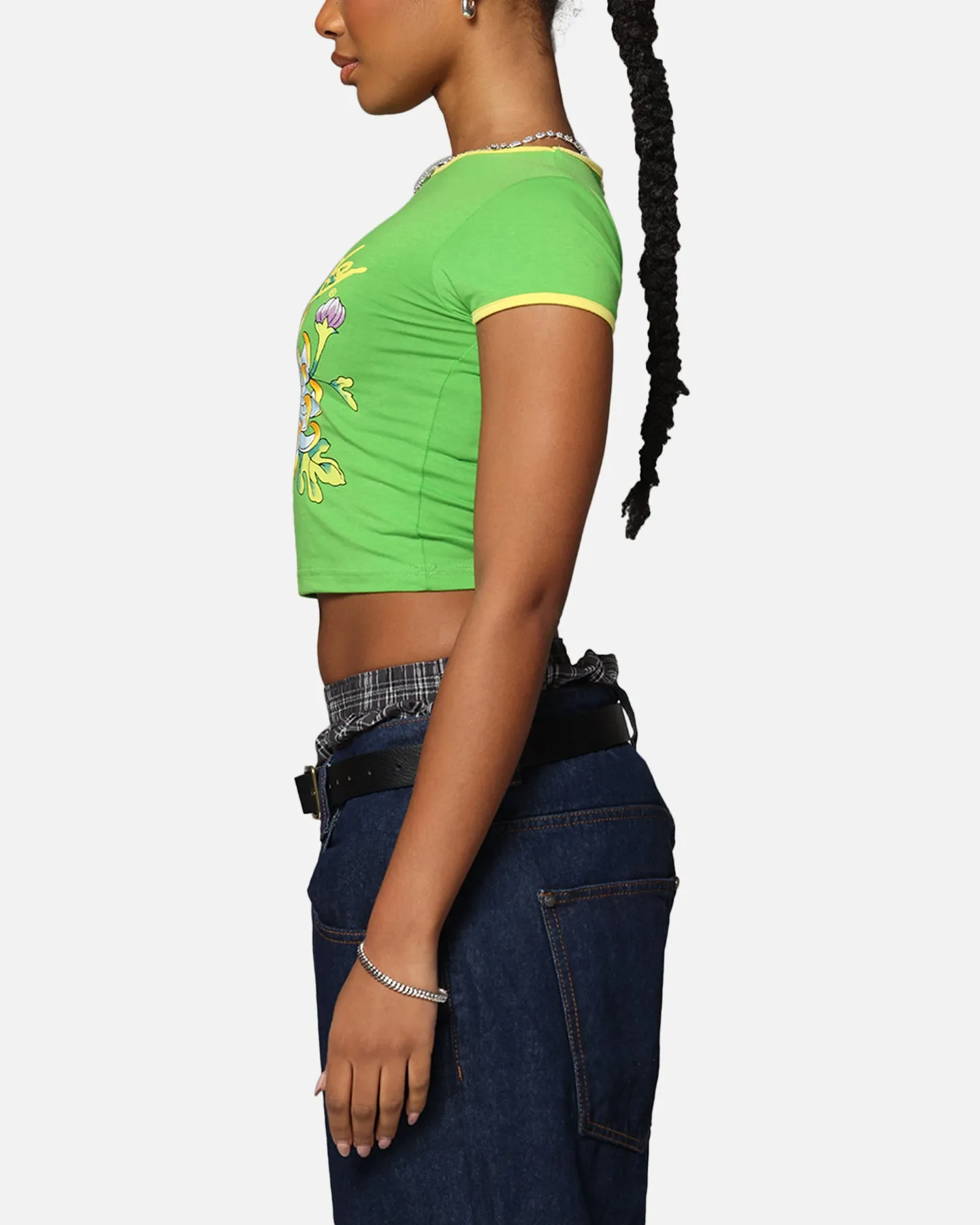 Ed Hardy Women's Blooming Baby Ringer T-Shirt Green/Yellow