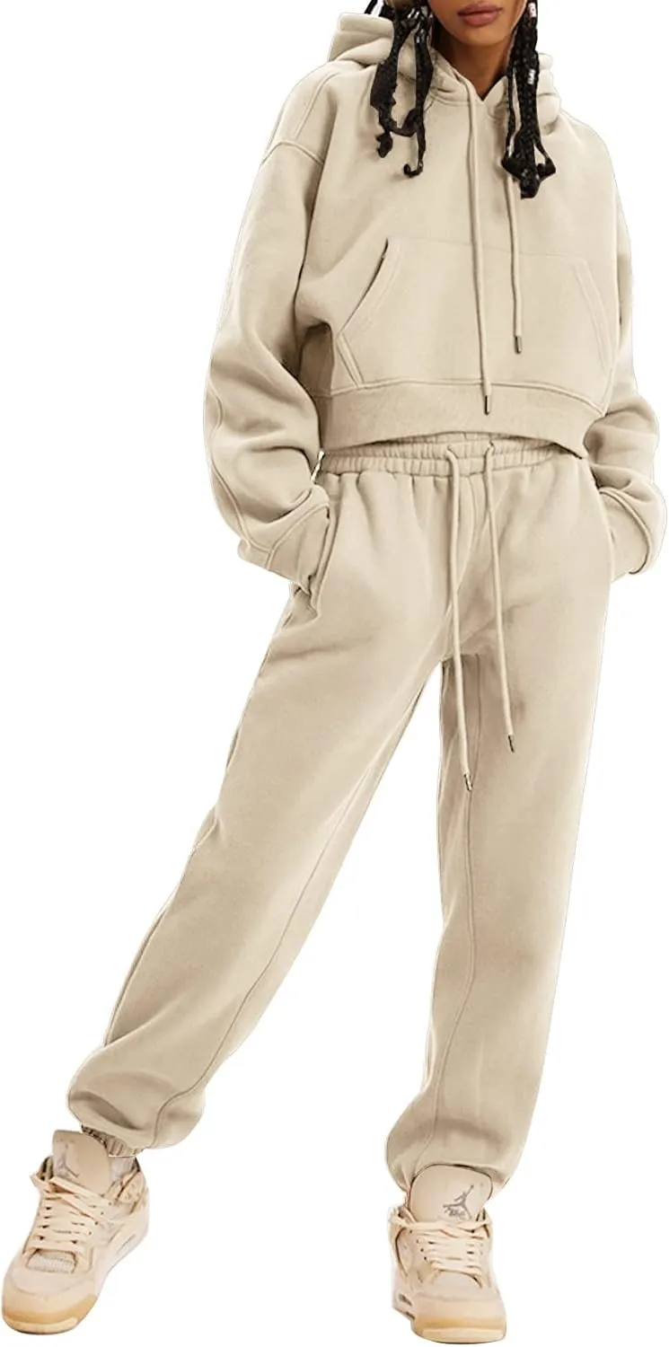 Eisctnd Women Fleece 2 Piece Tracksuits Fall Winter Sweatshirt Jogger Pants Matching Lounge Sets Thick Sweatsuits Pockets