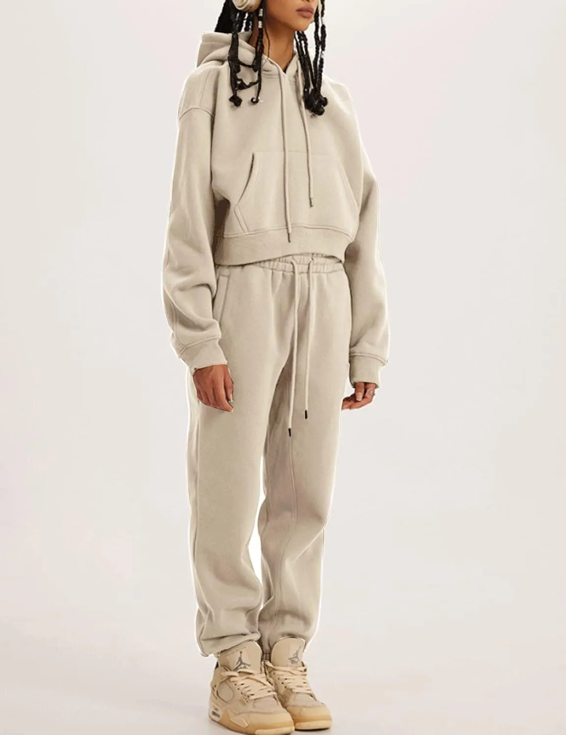 Eisctnd Women Fleece 2 Piece Tracksuits Fall Winter Sweatshirt Jogger Pants Matching Lounge Sets Thick Sweatsuits Pockets