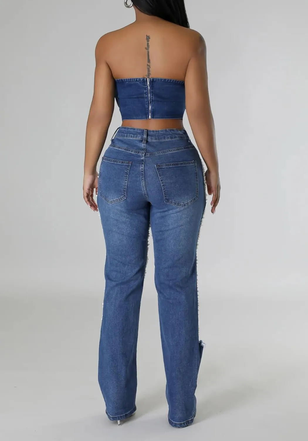 Famnbro Womens Pearl Jeans Ripped Baggy Y2k High Waisted Straight Wide Leg Sexy Denim Pants with Rhinestone
