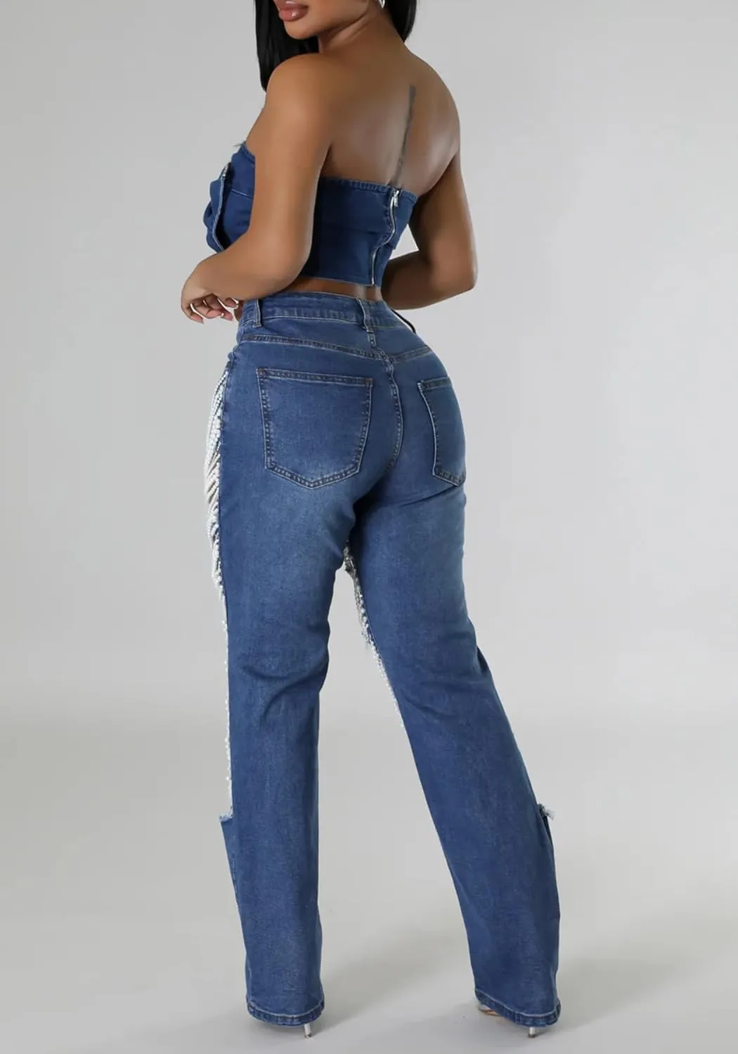 Famnbro Womens Pearl Jeans Ripped Baggy Y2k High Waisted Straight Wide Leg Sexy Denim Pants with Rhinestone