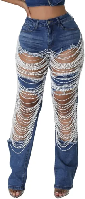 Famnbro Womens Pearl Jeans Ripped Baggy Y2k High Waisted Straight Wide Leg Sexy Denim Pants with Rhinestone