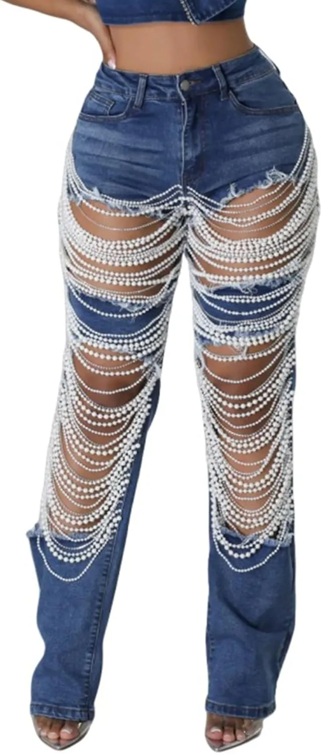 Famnbro Womens Pearl Jeans Ripped Baggy Y2k High Waisted Straight Wide Leg Sexy Denim Pants with Rhinestone