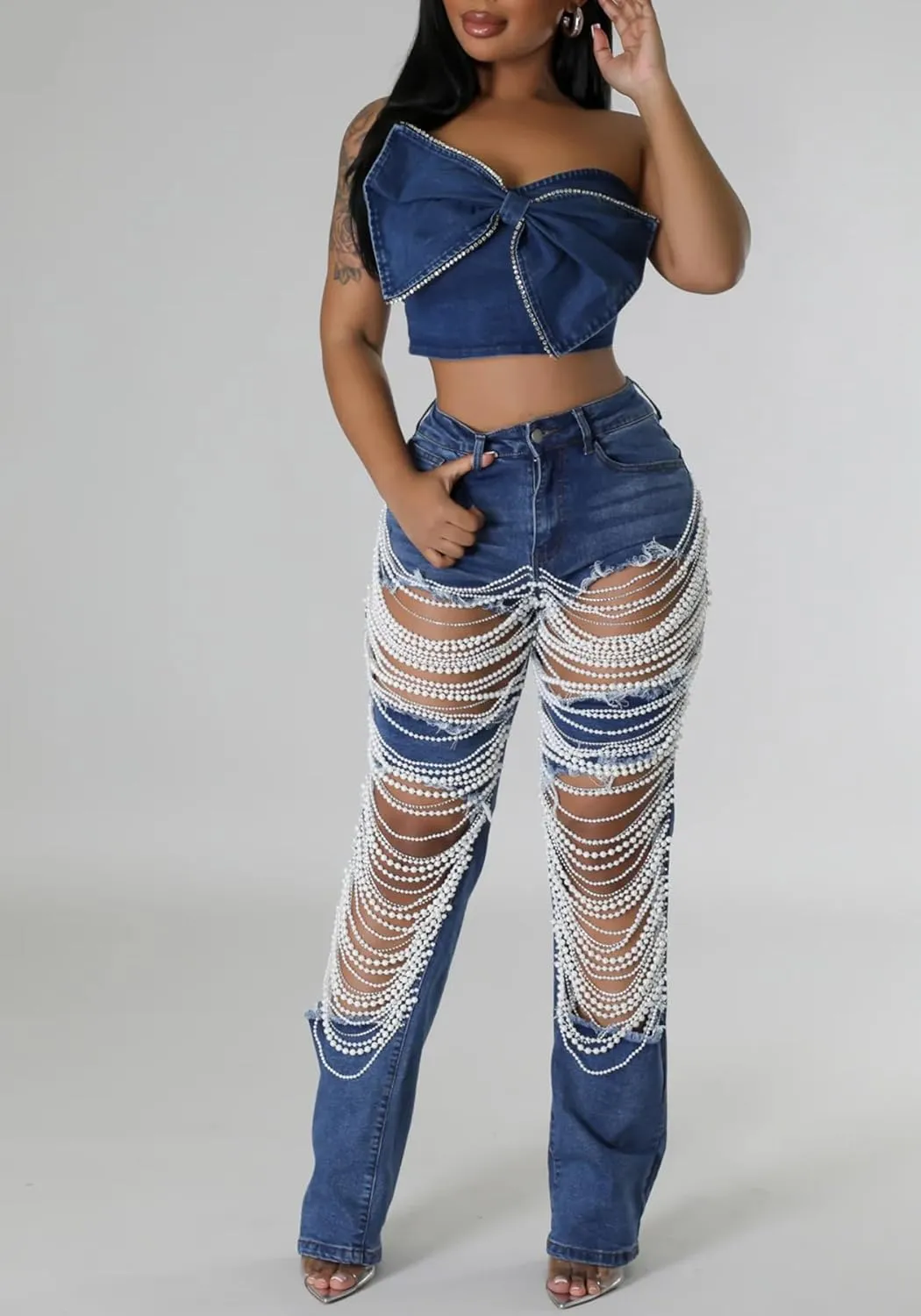 Famnbro Womens Pearl Jeans Ripped Baggy Y2k High Waisted Straight Wide Leg Sexy Denim Pants with Rhinestone