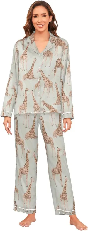 Fisyme Womens Satin Pajama Set Long Sleeve Button Down Sleepwear Nightwear Loungewear Pj Sets S-XXL