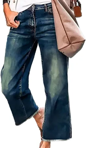 Flamingals Straight Wide Leg Jeans for Women Mid Waisted Casual Raw Hem Denim Capris Pants with Pockets