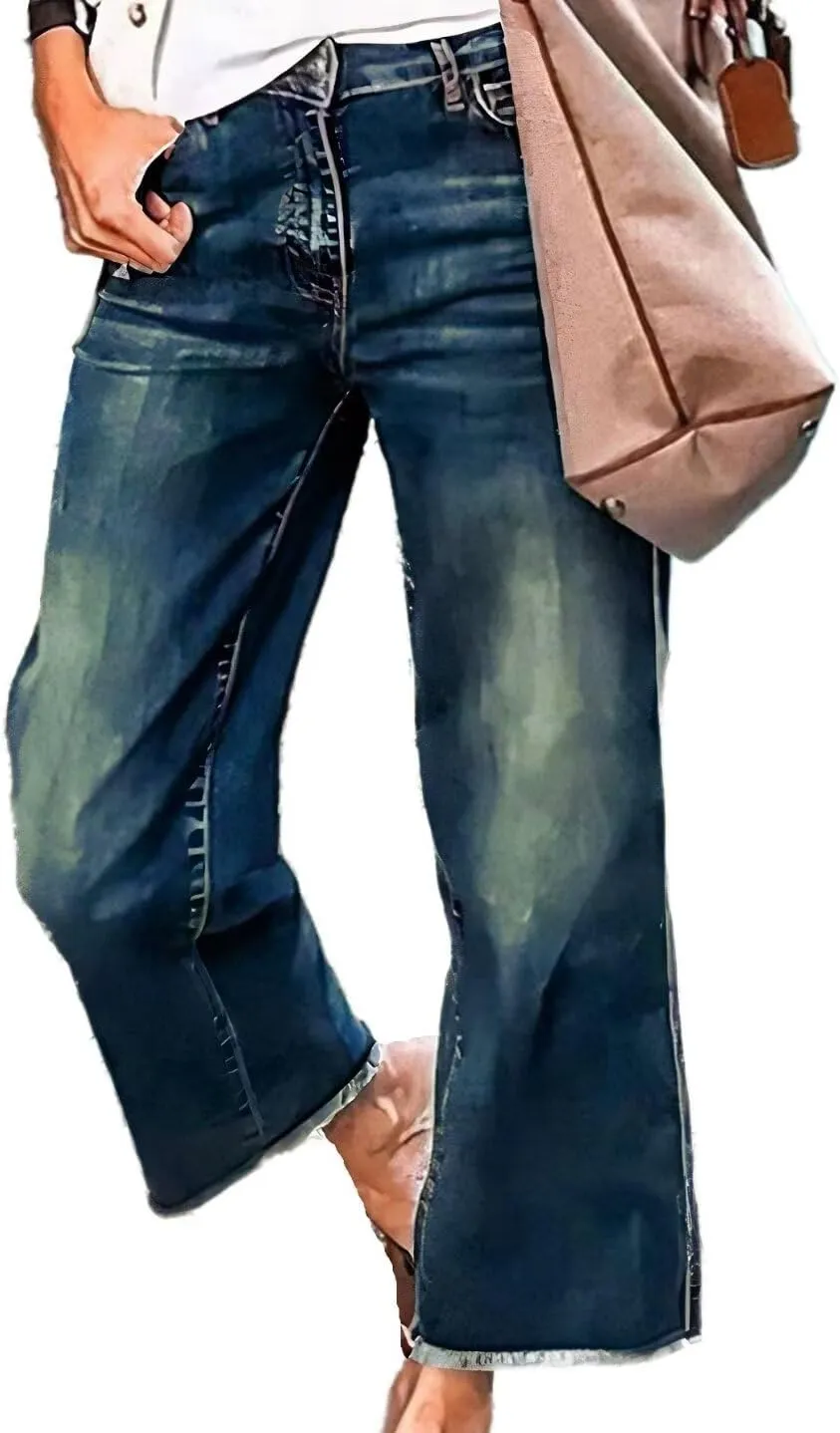 Flamingals Straight Wide Leg Jeans for Women Mid Waisted Casual Raw Hem Denim Capris Pants with Pockets