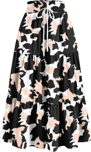 Floral Maxi Skirt for Women Summer Comfy Tiered Elastic High Waisted Skirts Vacation A-Line Flowy Swing Long Skirt