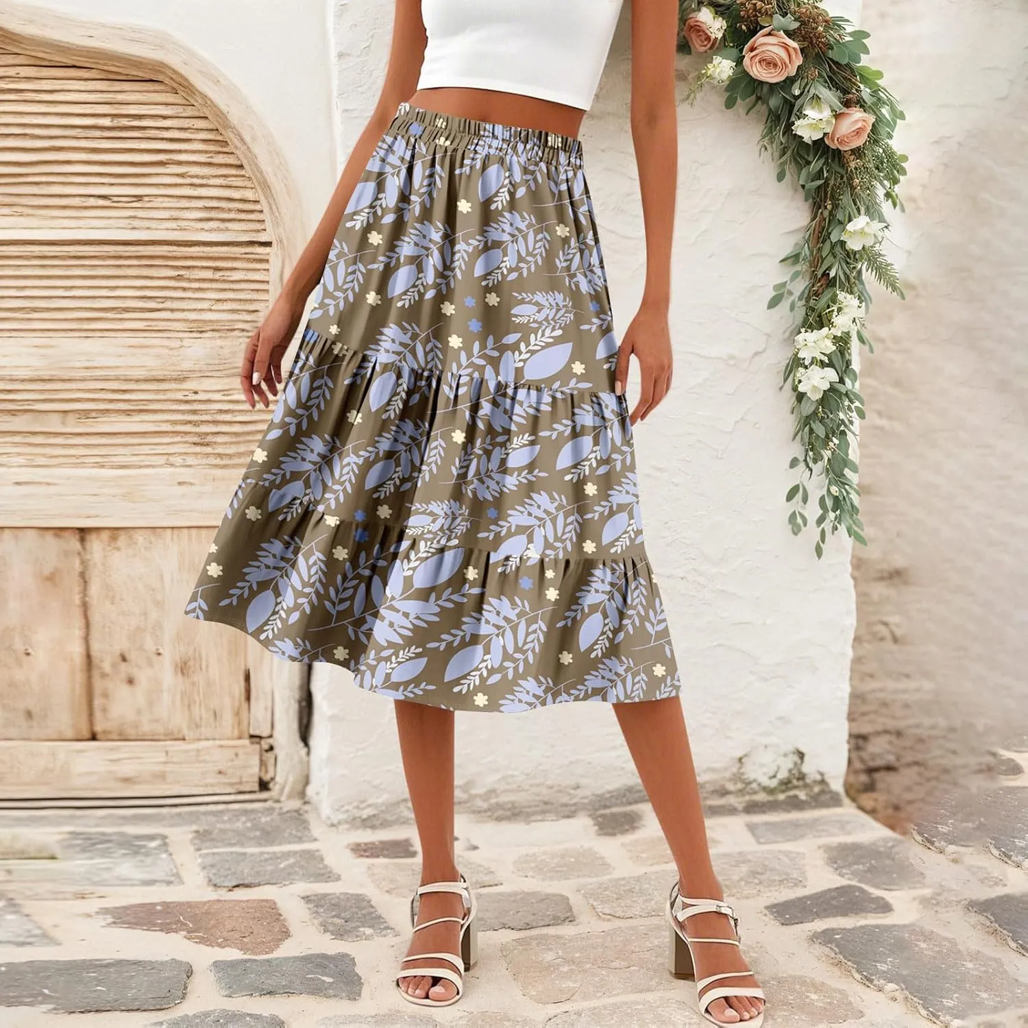 Floral Skirts for Women Boho Flowy Beach Calf Length Midi Skirt Vacation Tiered Elastic High Waisted Skirts Spring