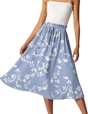 GOFULY Womens Skirts Midi Length Elastic Waist Casual Fall Floral Print A-Line Knee Skirts Drawstring Pleated Skirt