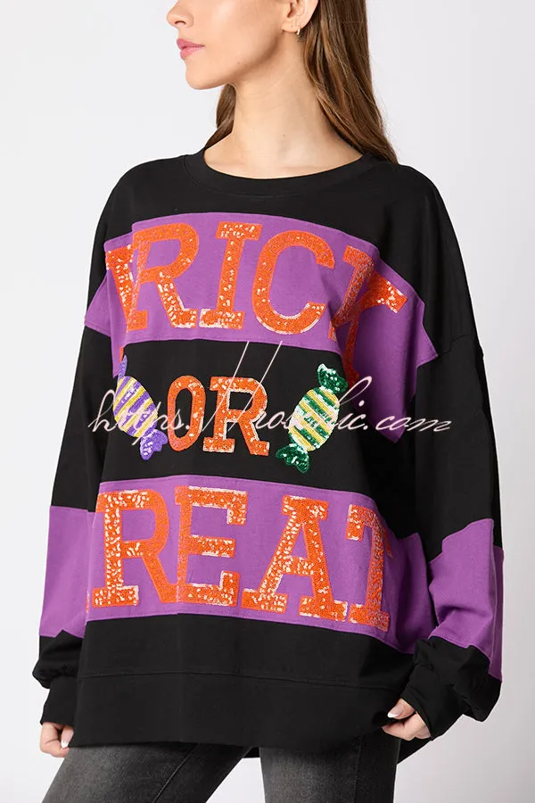 Halloween Letter Sequined Color Block Loose Casual Sweatshirt